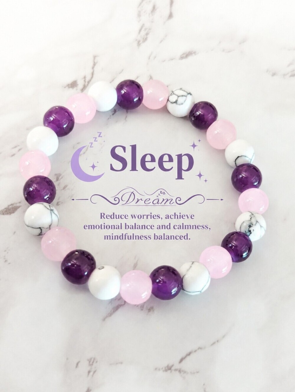 Sleep Crystal Bracelet Amethyst Rose Quartz Howlite Beaded Stretch Bracelet